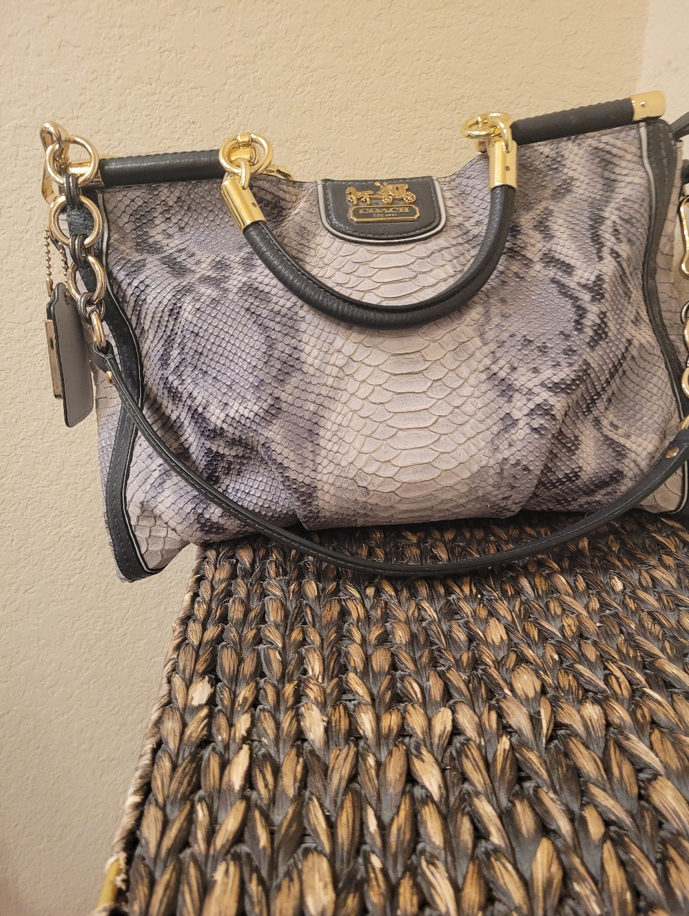Coach Gray and Black Snakeskin Satchel with Gold Hardware
